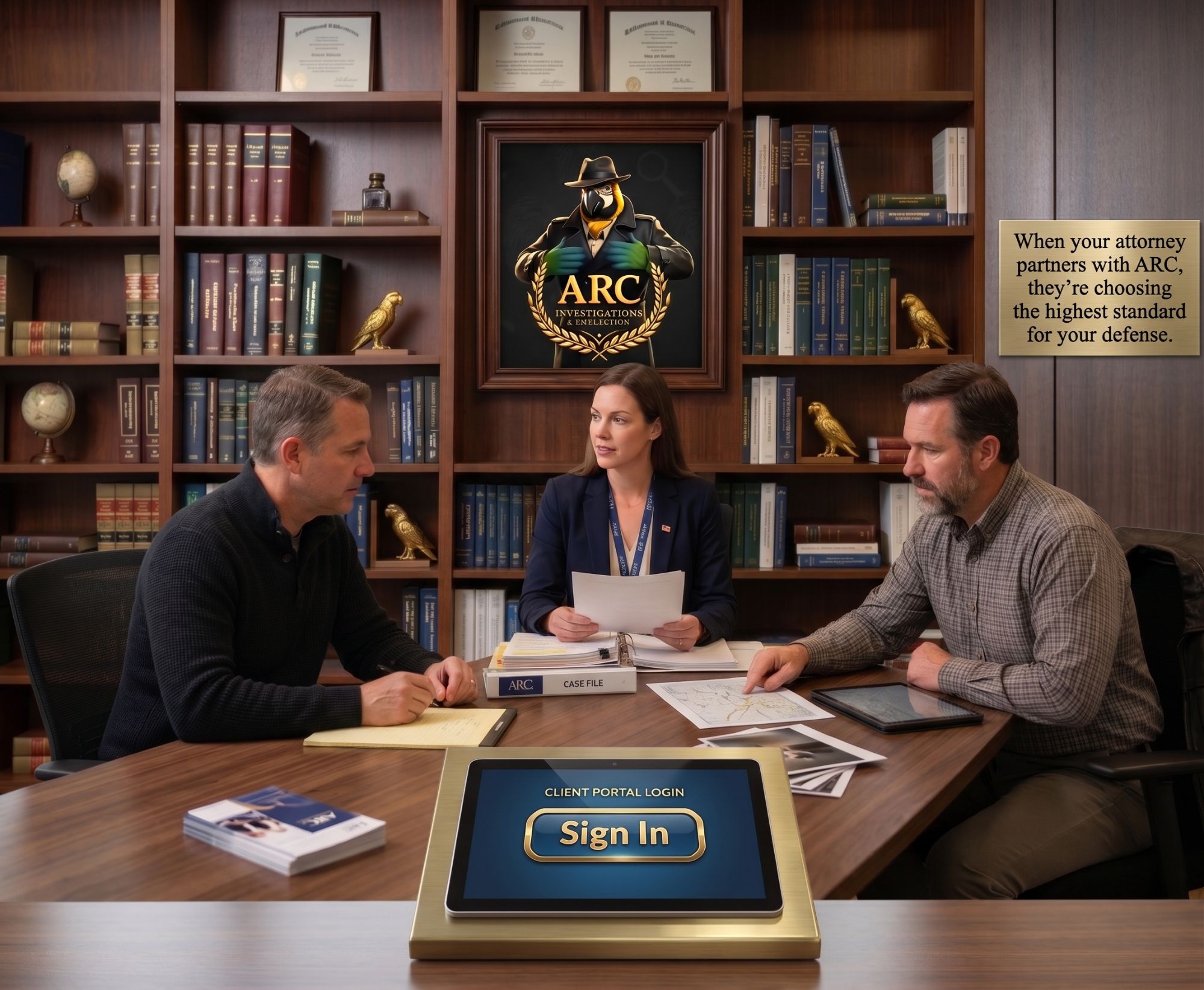 An ARC case meeting in a law office. A tablet on the table shows the Client Portal sign-in screen.